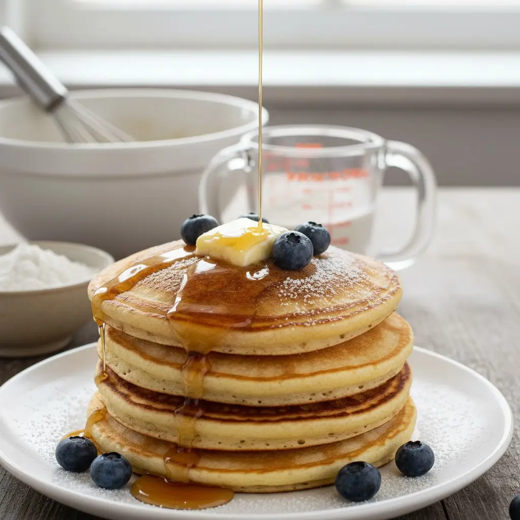 Stack of easy fluffy American pancakes topped with maple syrup and berries