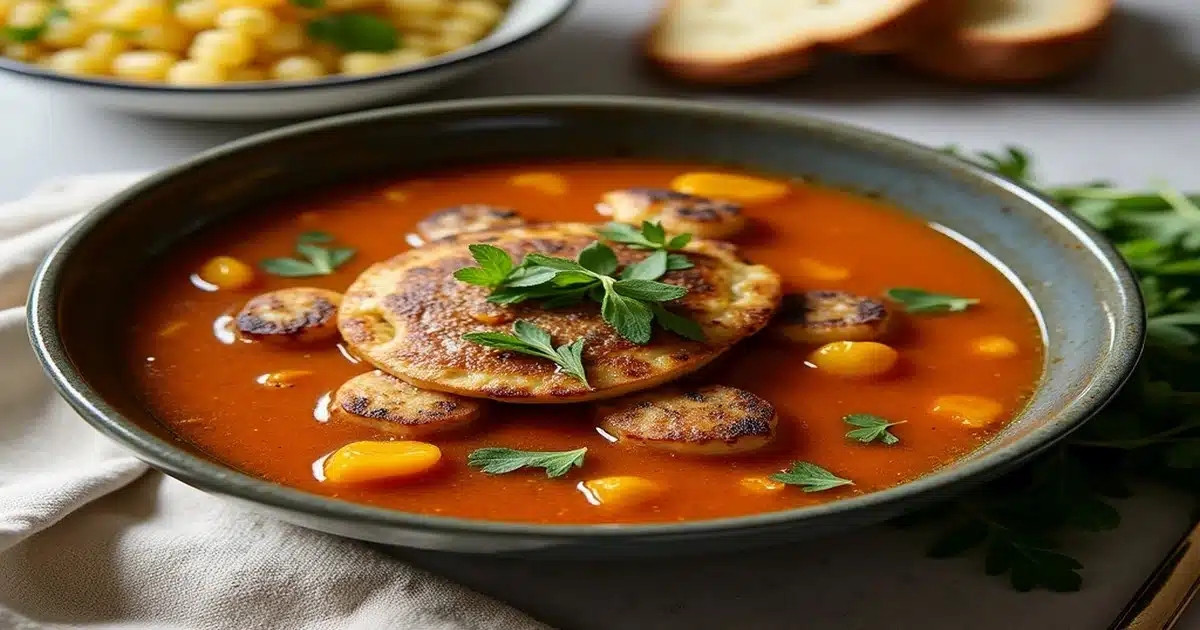 Mock Turtle Soup served in a rustic bowl with a garnish of fresh herbs