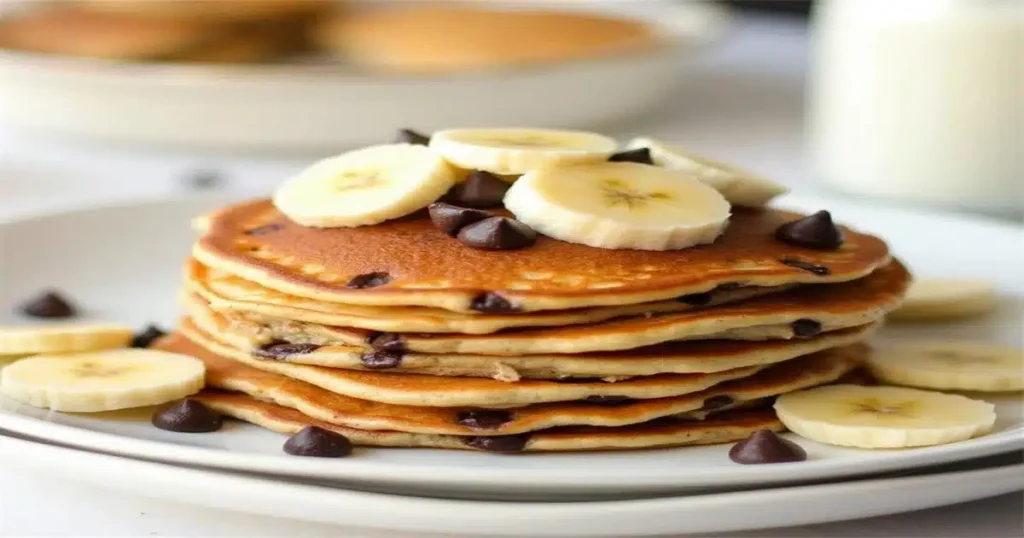 Stack of banana chocolate chip pancakes with maple syrup