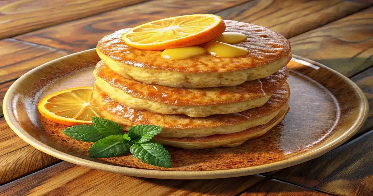 Stack of easy fluffy American pancakes topped with maple syrup and berries