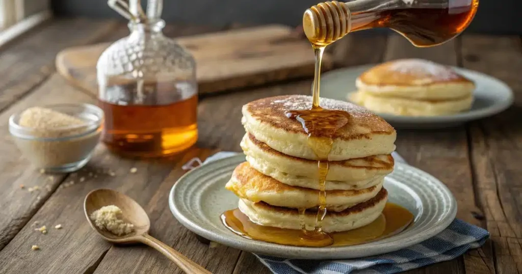 Stack of easy fluffy American pancakes topped with maple syrup and berries