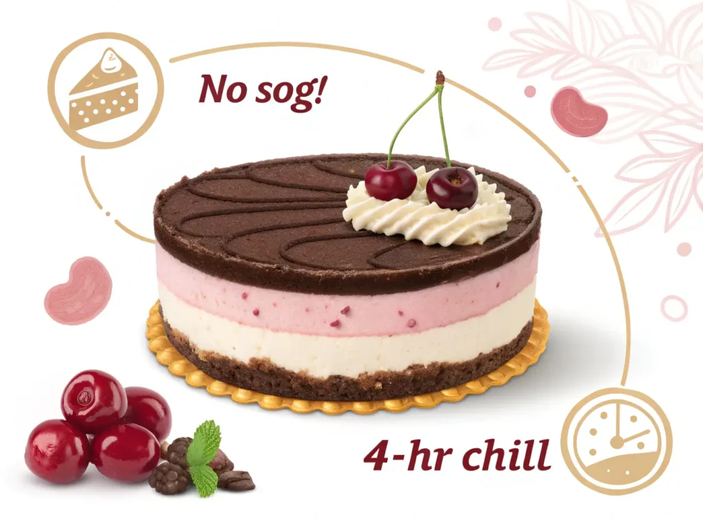 No-bake cherry cheesecake with glossy cherry topping and graham cracker crust on cake stand, showing a clean-cut slice with white chocolate layer