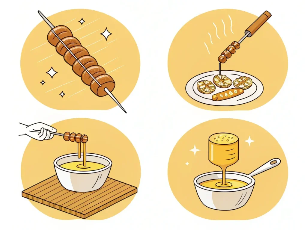 A close-up photo of a freshly made breakfast corndog