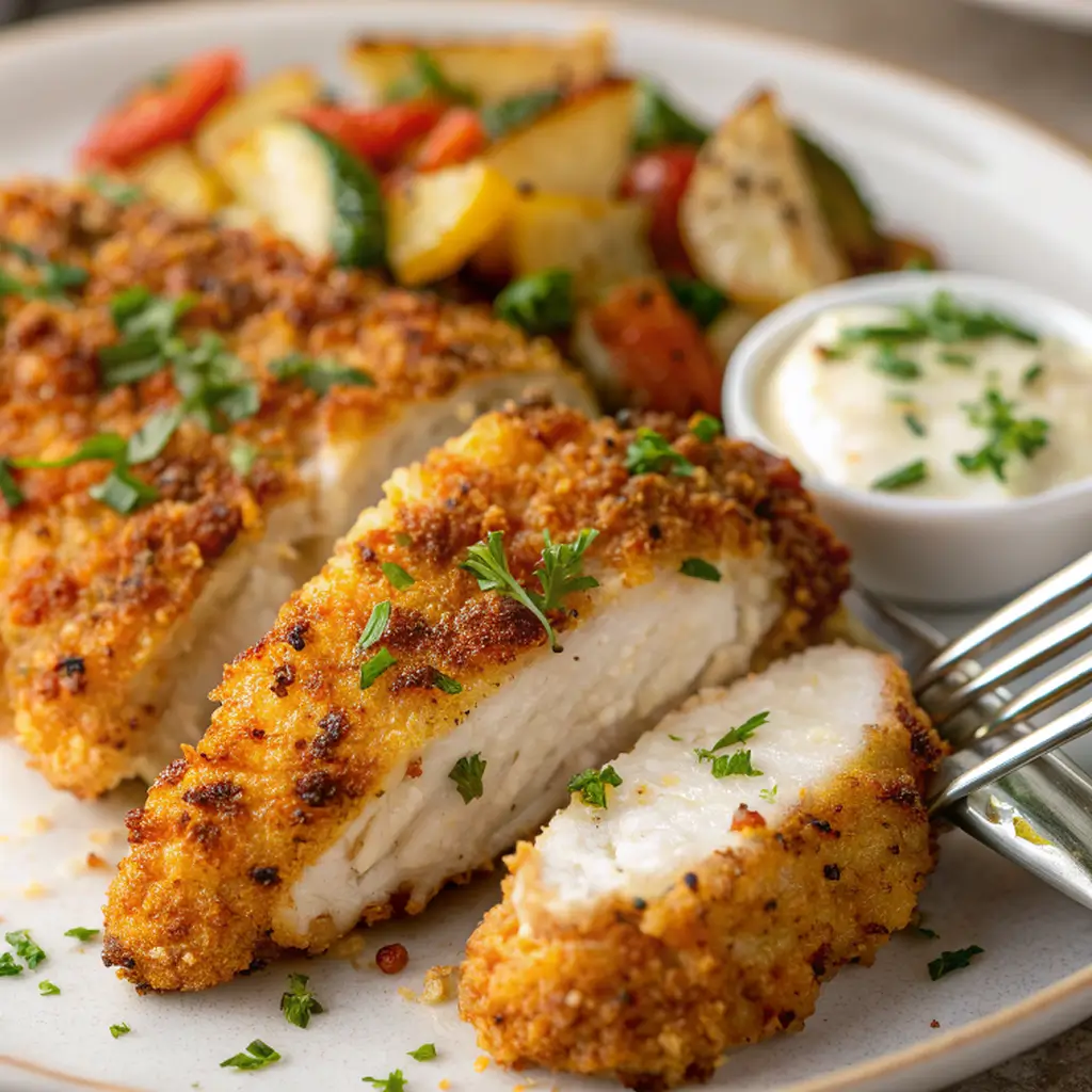 A plate of parmesan crusted chicken longhorn, ready to be served