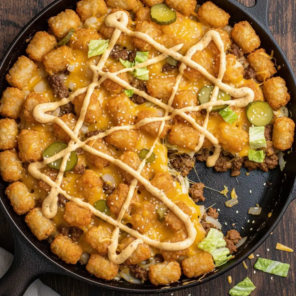 A close up photo of a freshly made big mac tater tot casserole.
