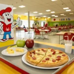 Delicious breakfast pizza for schools with scrambled eggs, cheese, and vegetables