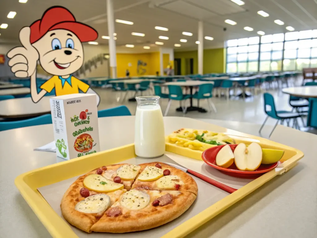 Delicious breakfast pizza for schools with scrambled eggs, cheese, and vegetables
