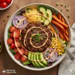 Vibrant burger bowl recipe with fresh greens and grilled patties