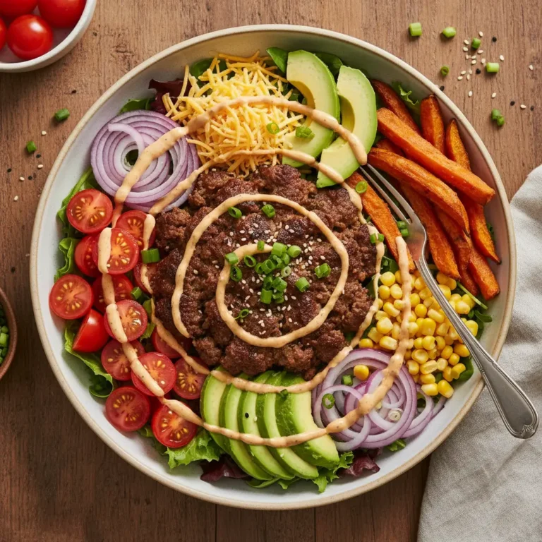 Perfectly Crafted Burger Bowl Recipe for a Healthier, Flavor-Packed Meal 3 Vibrant burger bowl recipe with fresh greens and grilled patties