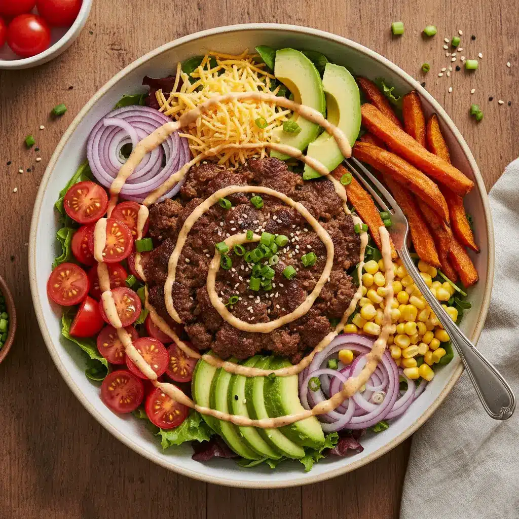 Vibrant burger bowl recipe with fresh greens and grilled patties