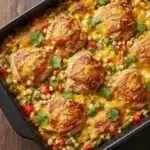 Chicken Thighs Hominy Casserole: Hearty 6 A close up photo of a freshly made chicken thighs hominy casserole.