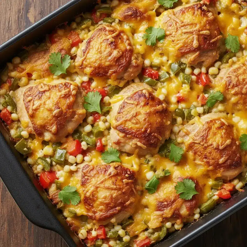 A close up photo of a freshly made chicken thighs hominy casserole.