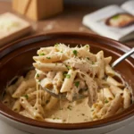 Crockpot Parmesan Garlic Chicken Pasta: A Creamy, Flavorful Delight 7 A creamy bowl of Crockpot Parmesan Garlic Chicken Pasta with tender chicken and pasta, garnished with fresh Parmesan.