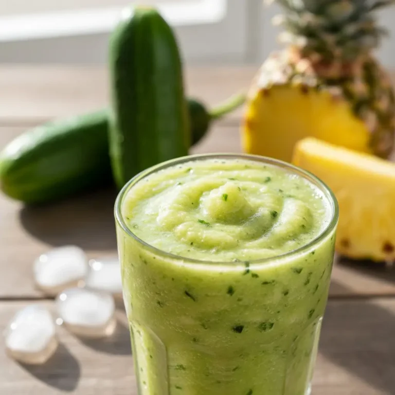 Cucumber and Pineapple Smoothie 5 A vibrant glass of cucumber and pineapple smoothie on a countertop.