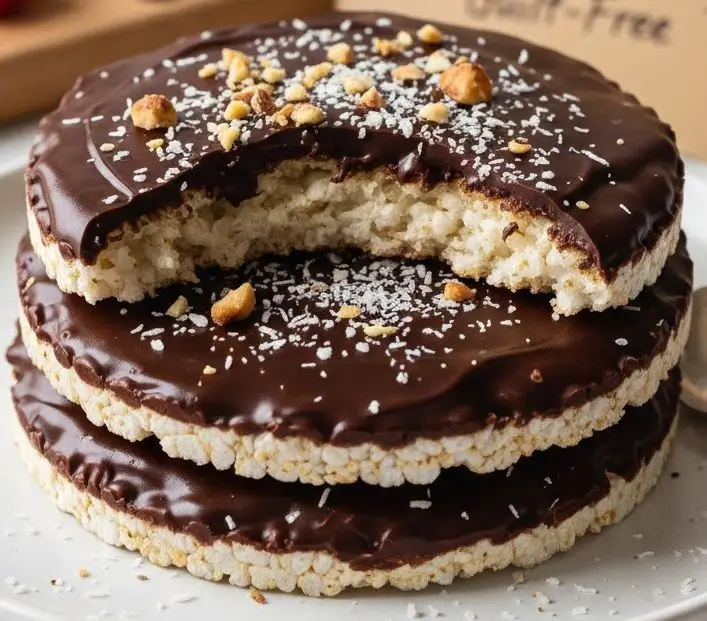 Chocolate rice cakes with fresh strawberries and almond butter