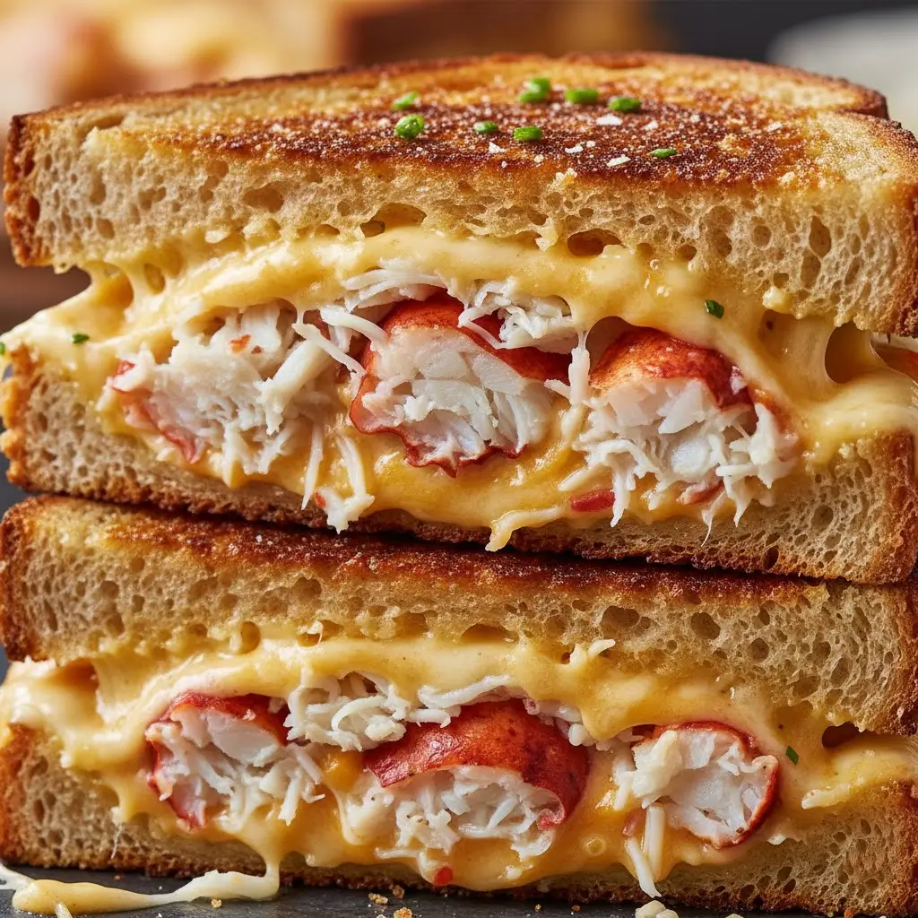 Lobster and crab grilled cheese sandwich with golden crust and melted cheese