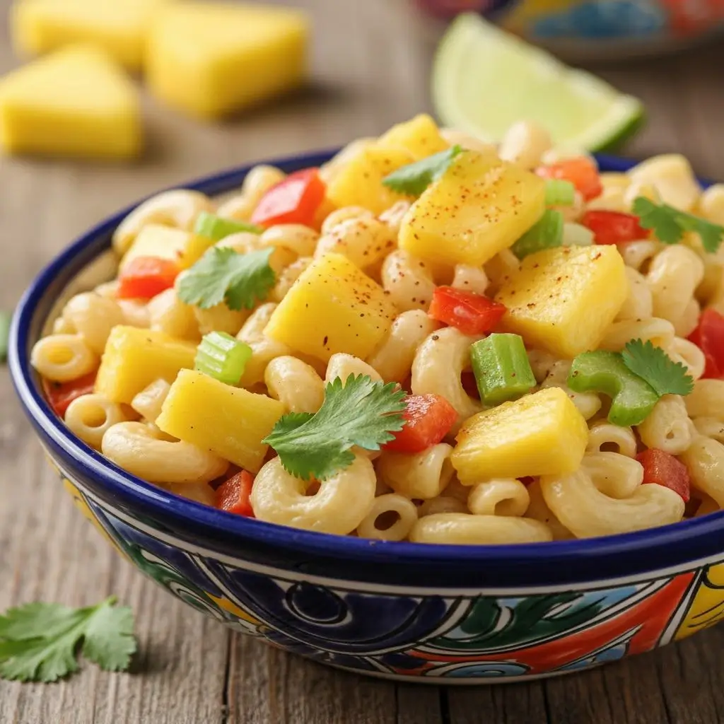 Vibrant Mexican macaroni salad with pineapple ready to be served.