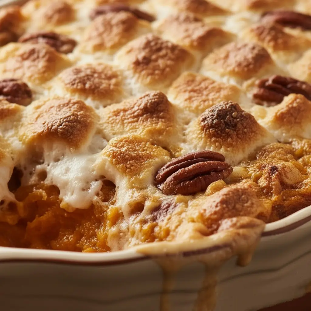 Old fashioned sweet potato casserole with a golden topping, ready to serve.