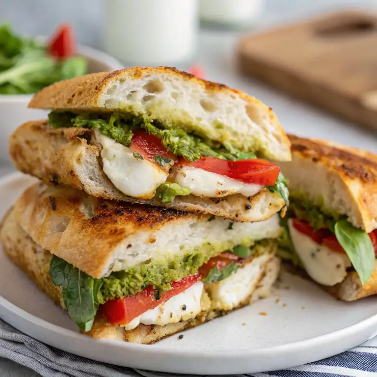 Pesto chicken sandwich with melted cheese and fresh vegetables on ciabatta bread