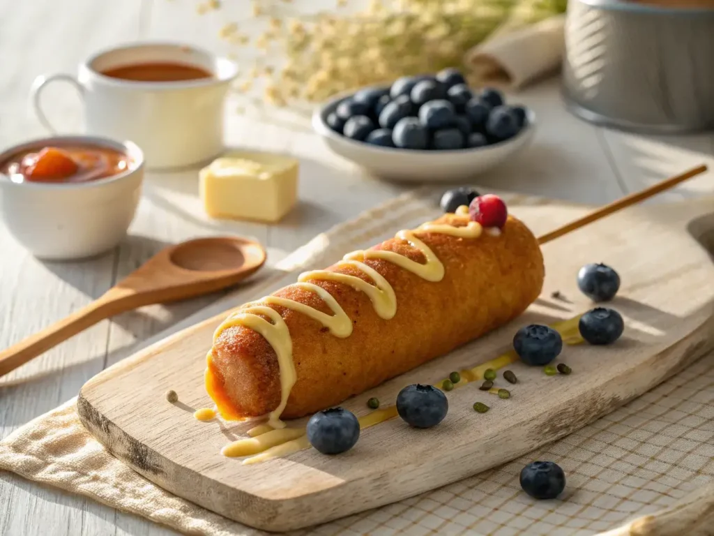A close-up photo of a freshly made breakfast corndog