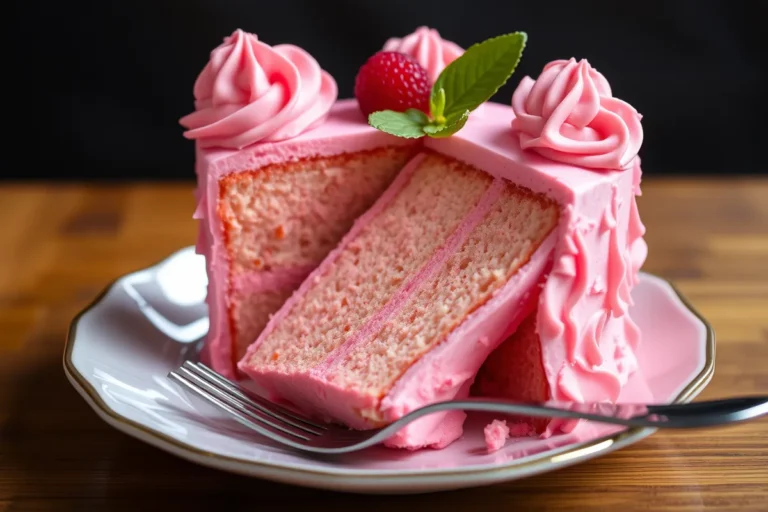 A beautifully decorated cake pink cake with creamy frosting and colorful sprinkles.