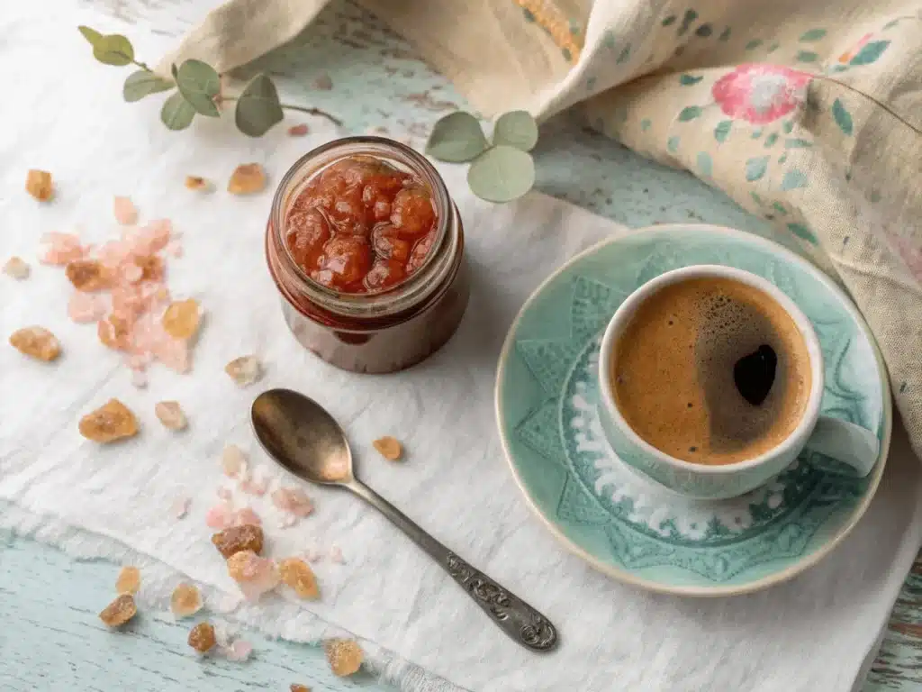 artistic flat lay quince spoon sweet in jar sil 1