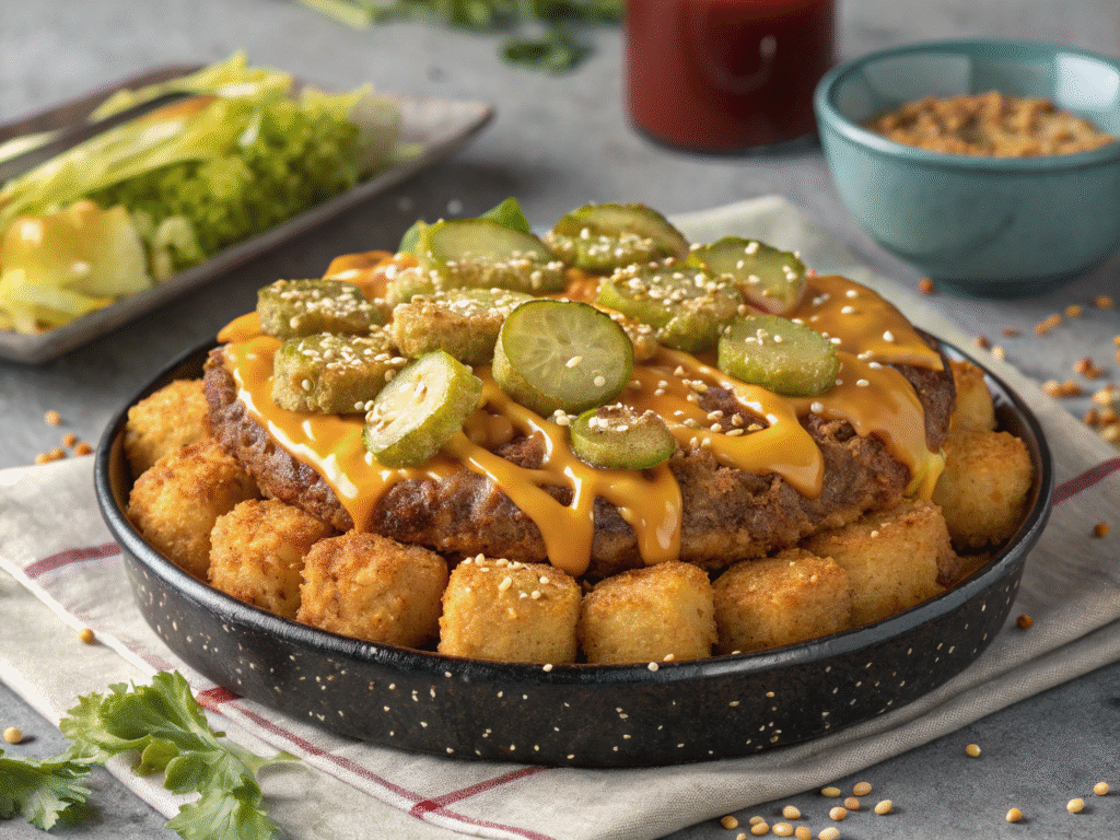 Big Mac tater tot casserole with crispy tots, melted cheese, and special sauce drizzle, topped with pickles, lettuce, and sesame seeds
