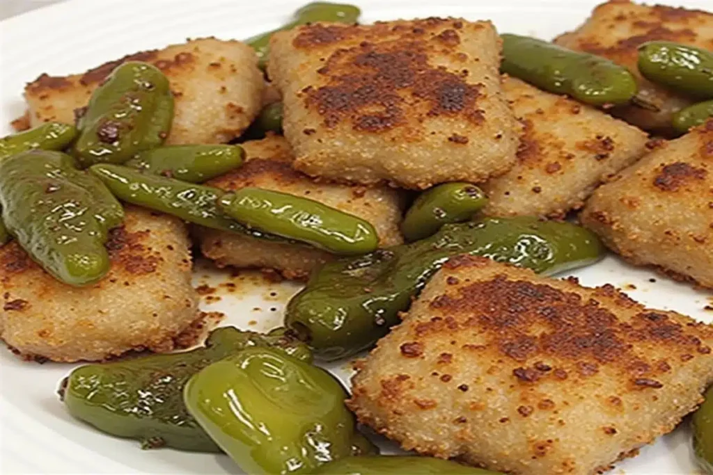 Blackened chicken with green pepper in a cast-iron skillet