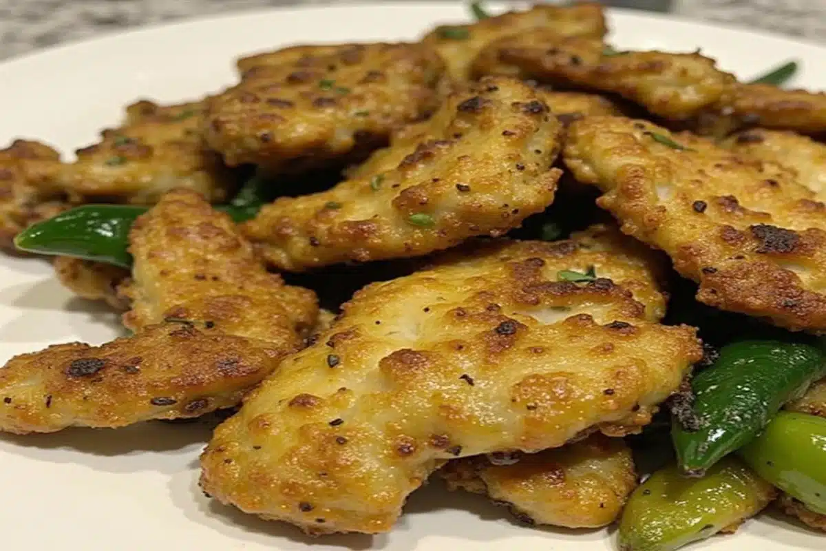 Blackened chicken with green pepper in a cast-iron skillet