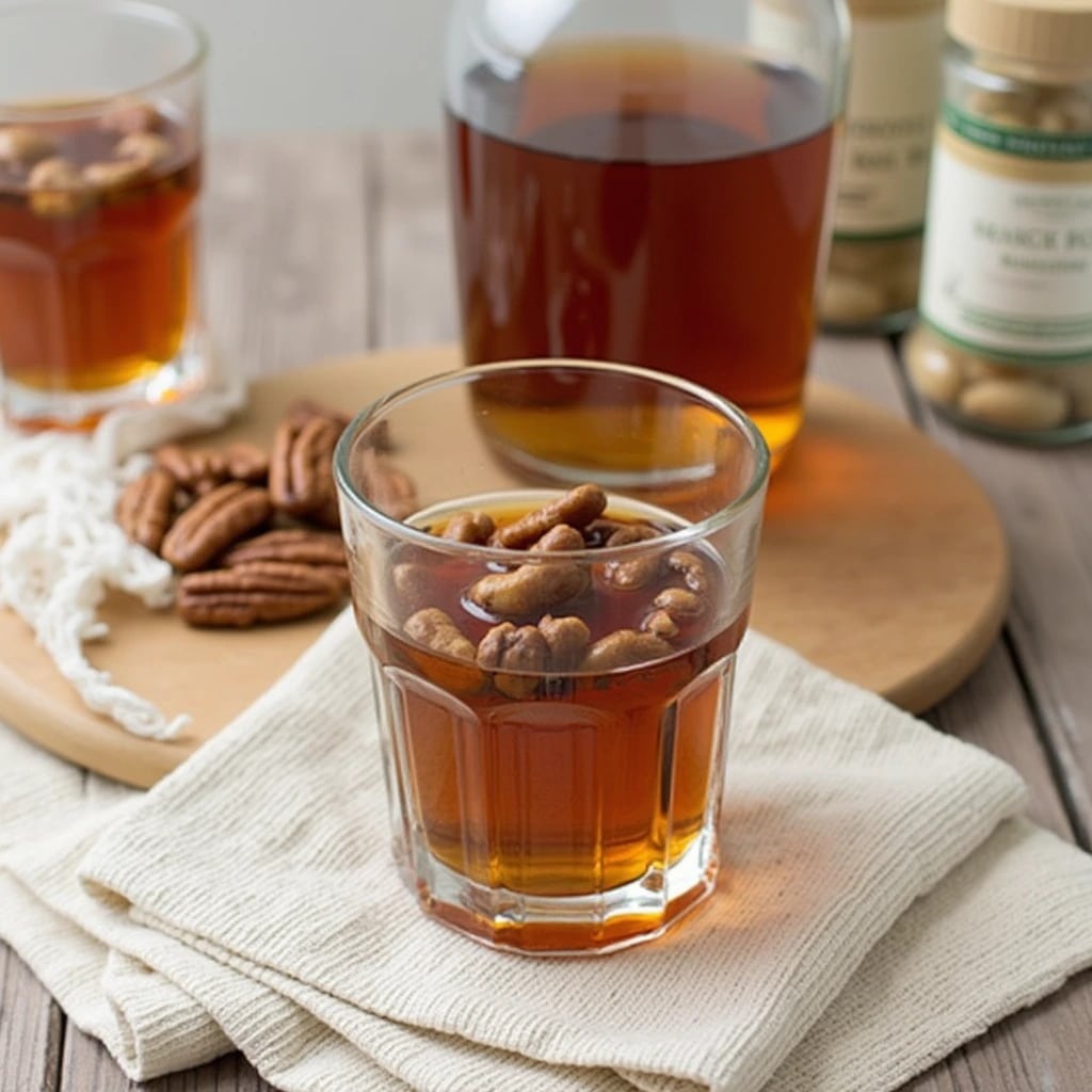 Glass of bourbon infused with pecans and cayenne pepper