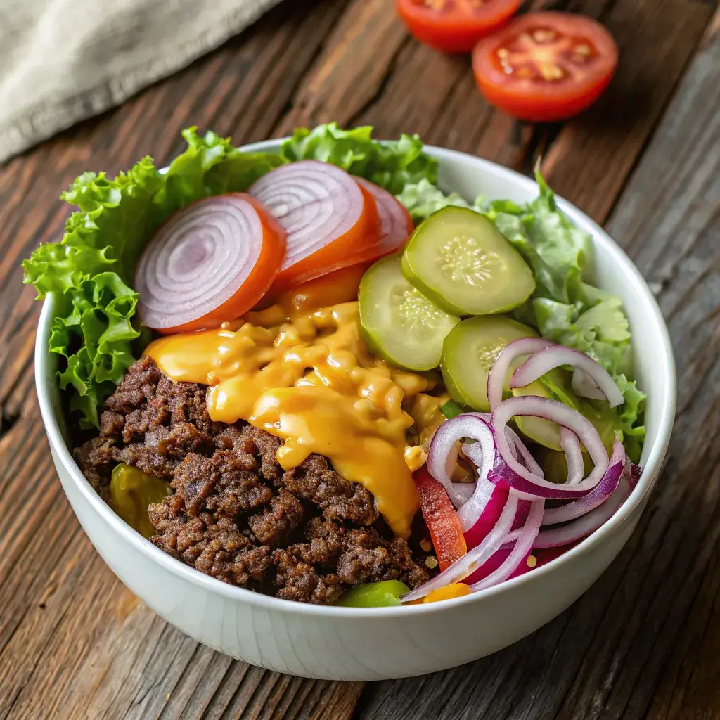Vibrant burger bowl recipe with fresh greens and grilled patties