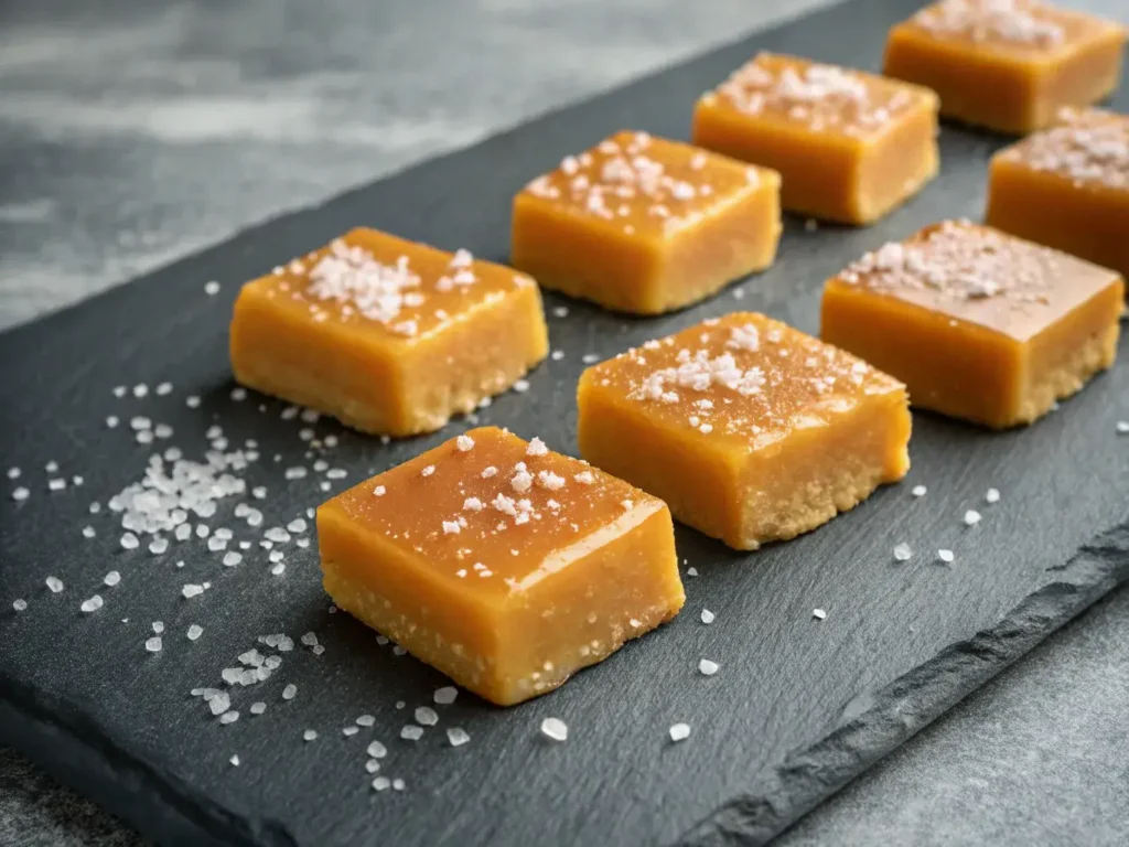"Carnivore diet caramel squares made from tallow and egg yolks dusted with sea salt on slate"

