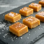 "Carnivore diet caramel squares made from tallow and egg yolks dusted with sea salt on slate"