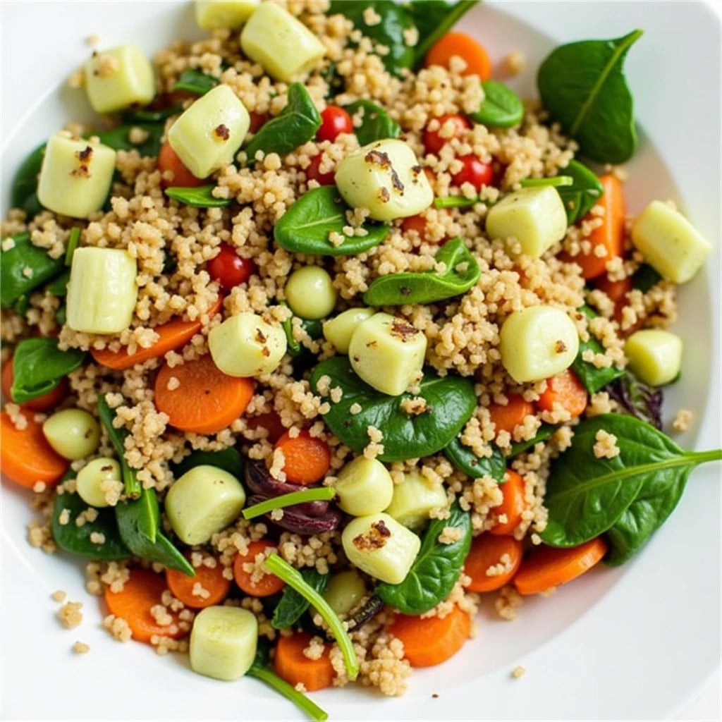 Easy carrot and spinach couscous salad in a white bowl