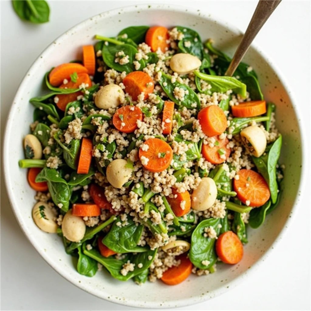 Easy carrot and spinach couscous salad in a white bowl