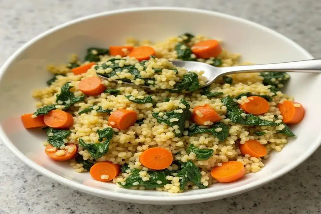 Carrot and spinach couscous served in a bow