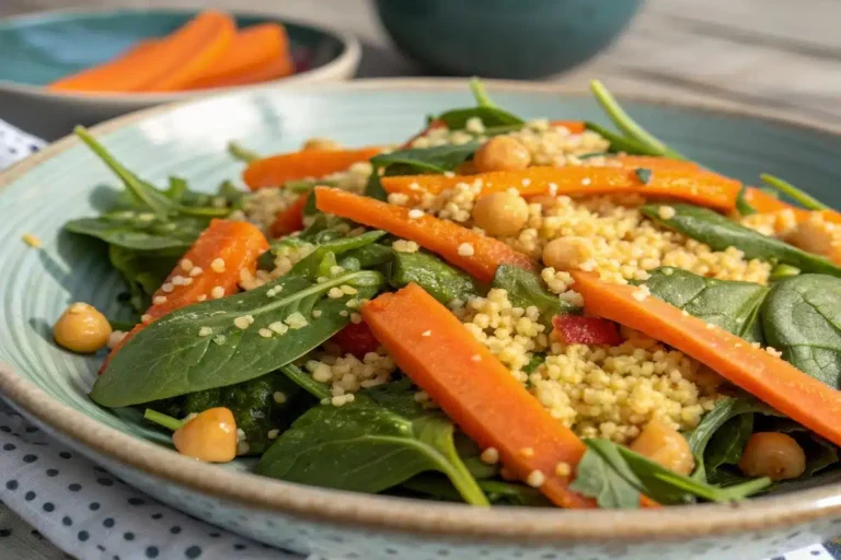 Carrot and spinach couscous served in a bowl