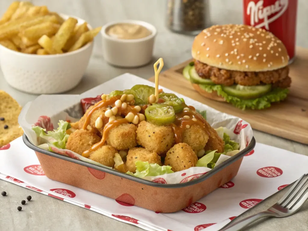 Big Mac tater tot casserole with crispy tots, melted cheese, and special sauce drizzle, topped with pickles, lettuce, and sesame seeds