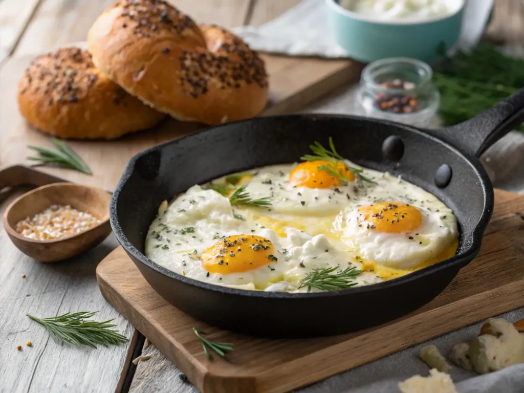 Fluffy cottage cheese scrambled eggs with chives in a black skillet, showing creamy curds and steam rising