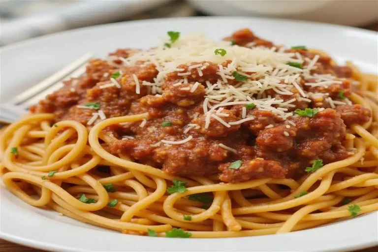 Plate of spaghetti bolognese with grated Parmesan and fresh basil.