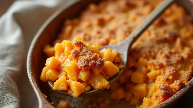 Old fashioned sweet potato casserole with a golden topping, ready to serve.