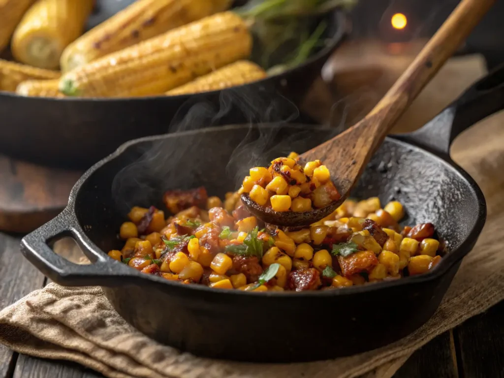Vibrant Mexican street corn pasta salad with charred corn, black beans, and cotija cheese, topped with crispy tortilla strips and chili powder
