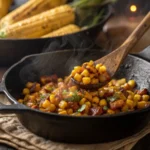 Vibrant Mexican street corn pasta salad with charred corn, black beans, and cotija cheese, topped with crispy tortilla strips and chili powder