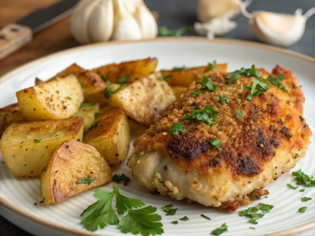 "Crispy skin-on chicken thighs coated in garlic parmesan atop golden roasted potatoes in a sheet pan."