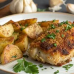 "Crispy skin-on chicken thighs coated in garlic parmesan atop golden roasted potatoes in a sheet pan."