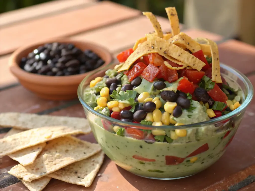 Vibrant Mexican macaroni salad with avocado dressing, charred corn, black beans, and cotija cheese in a glass bowl, topped with crispy tortilla strips and lime