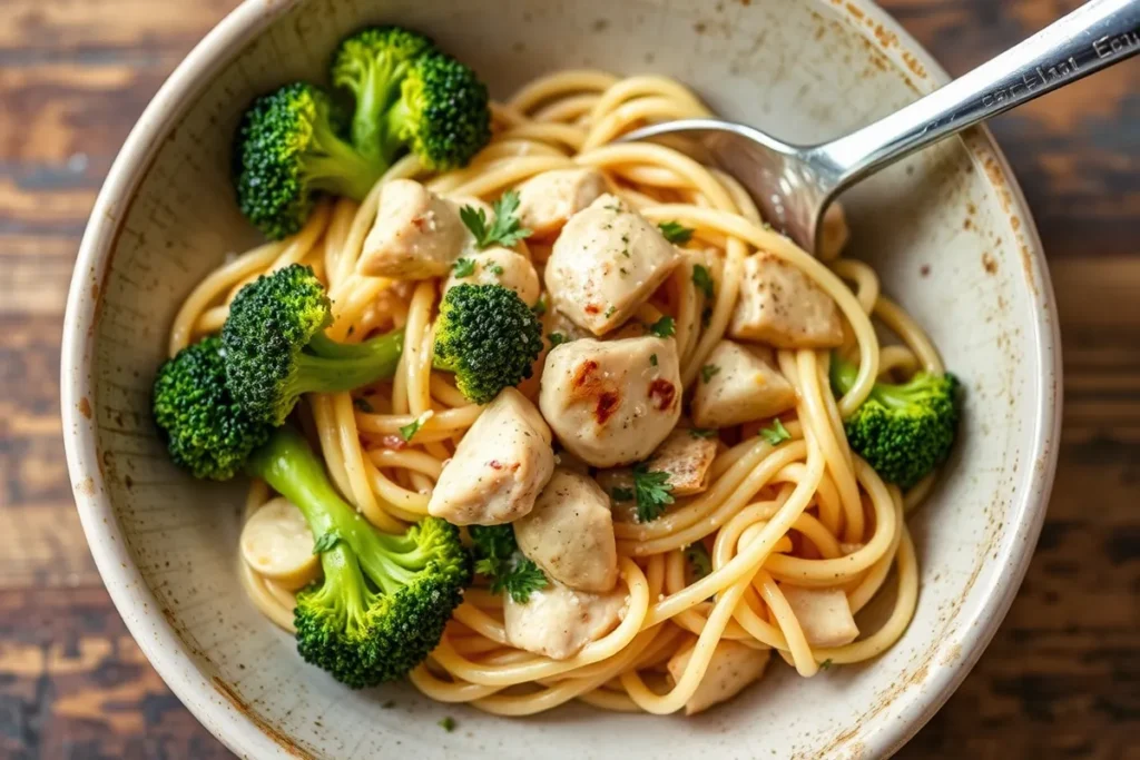 A baked dish of chicken broccoli ziti fresh out of the oven