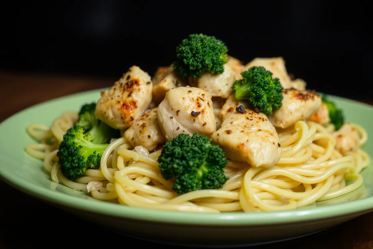 A baked dish of chicken broccoli ziti fresh out of the oven