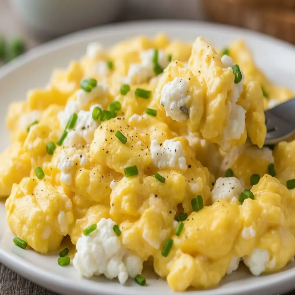 Creamy cottage cheese eggs on a white plate, ready to be served.