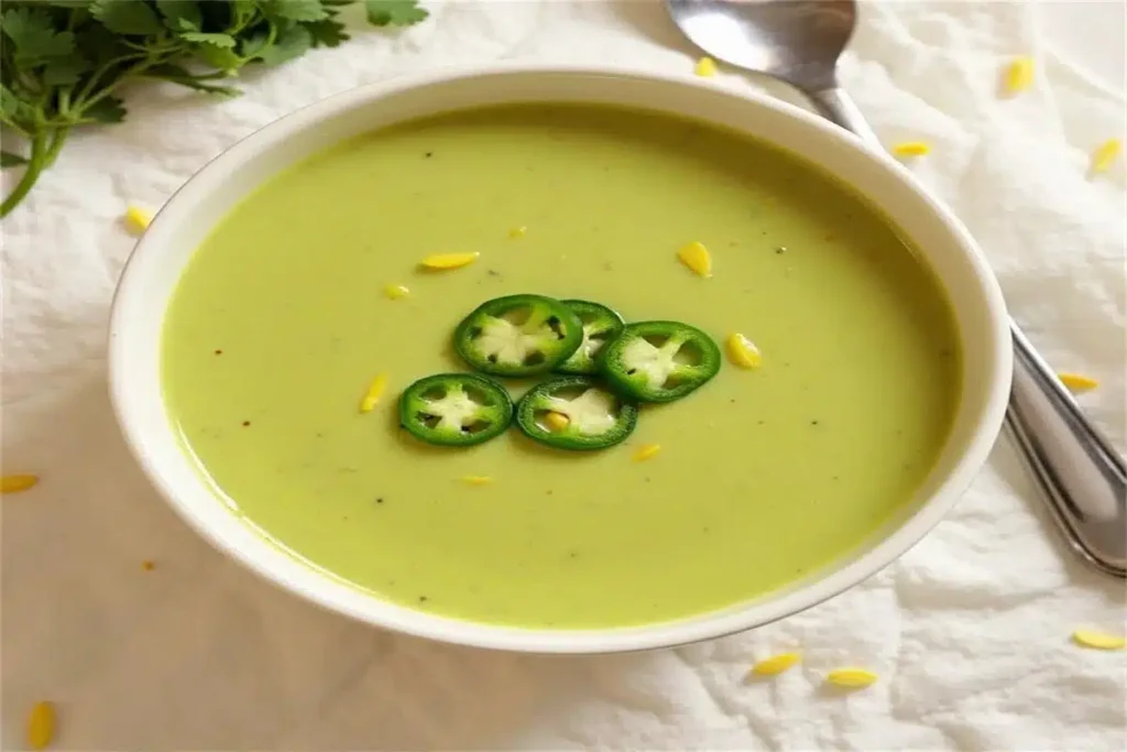 Cream of jalapeno soup garnished with cilantro in a white bowl